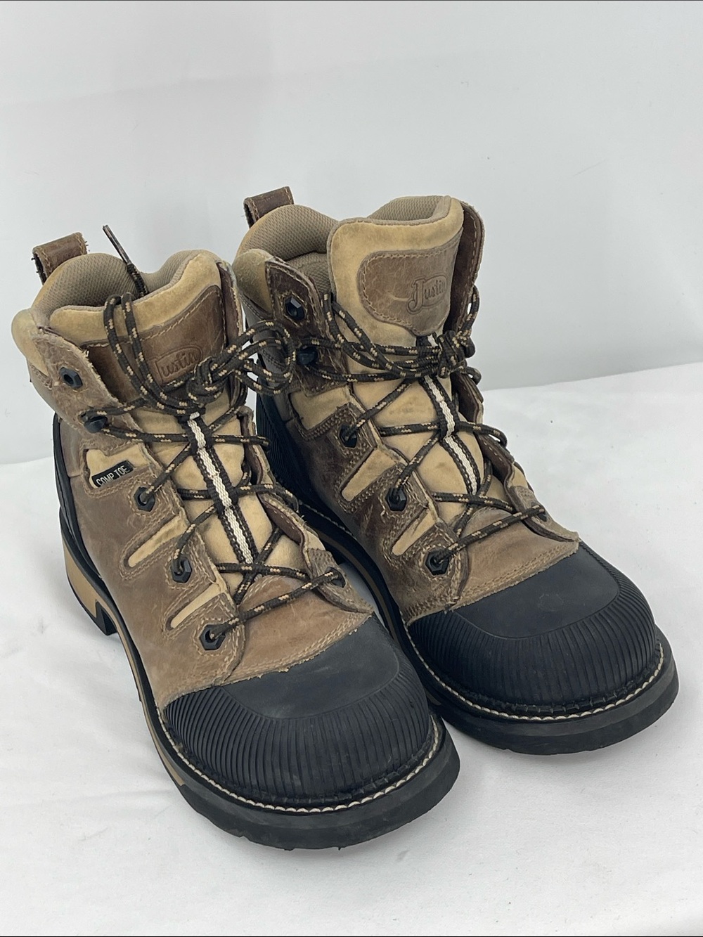 Justin Boots Tan and Black Lace-Up Ankle Work Boots WOMENS 7.5 B STEEL TOE